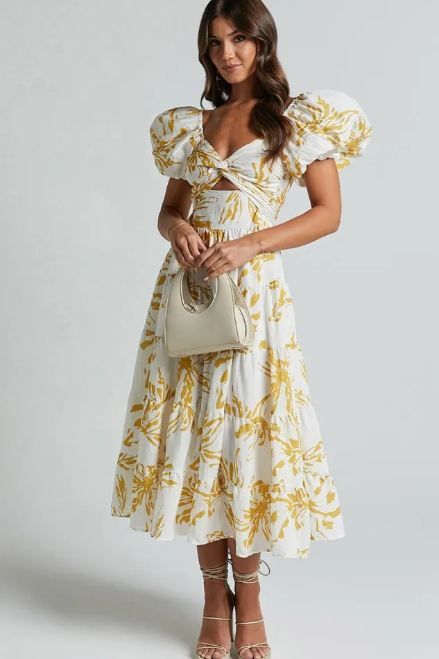 Jamaella Midi Dress 8211 Short Puff Sleeve Front Cut Out Dress In White Floral Women Showpo Dresses Jamaella Midi Dress 8211 Short Puff Sleeve Front Cut Out Dress In White Floral Women Showpo Dresses