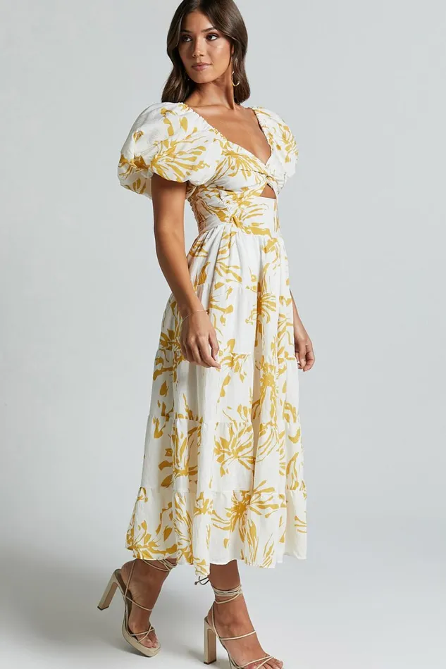 Jamaella Midi Dress 8211 Short Puff Sleeve Front Cut Out Dress In White Floral Women Showpo Dresses