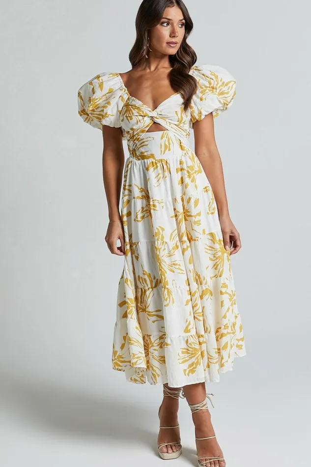 Jamaella Midi Dress 8211 Short Puff Sleeve Front Cut Out Dress In White Floral Women Showpo Dresses