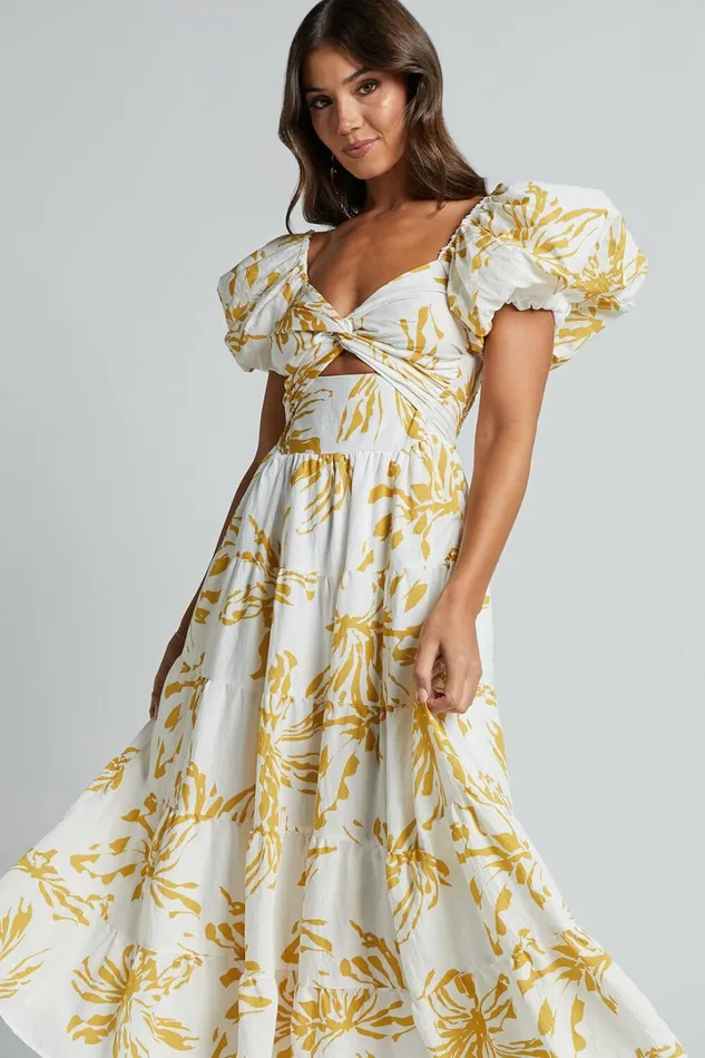 Jamaella Midi Dress 8211 Short Puff Sleeve Front Cut Out Dress In White Floral Women Showpo Dresses