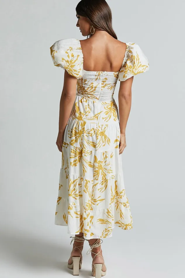 Jamaella Midi Dress 8211 Short Puff Sleeve Front Cut Out Dress In White Floral Women Showpo Dresses