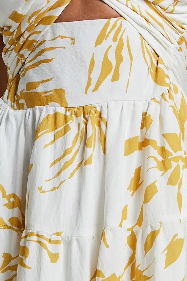 Jamaella Midi Dress 8211 Short Puff Sleeve Front Cut Out Dress In White Floral Women Showpo Dresses