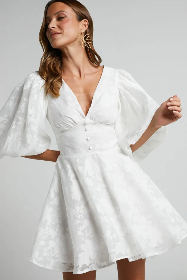 Jammae Mini Dress 8211 Puff Sleeve Dress In White Women Showpo Curve Clothes
