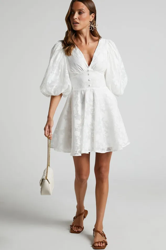 Jammae Mini Dress 8211 Puff Sleeve Dress In White Women Showpo Curve Clothes