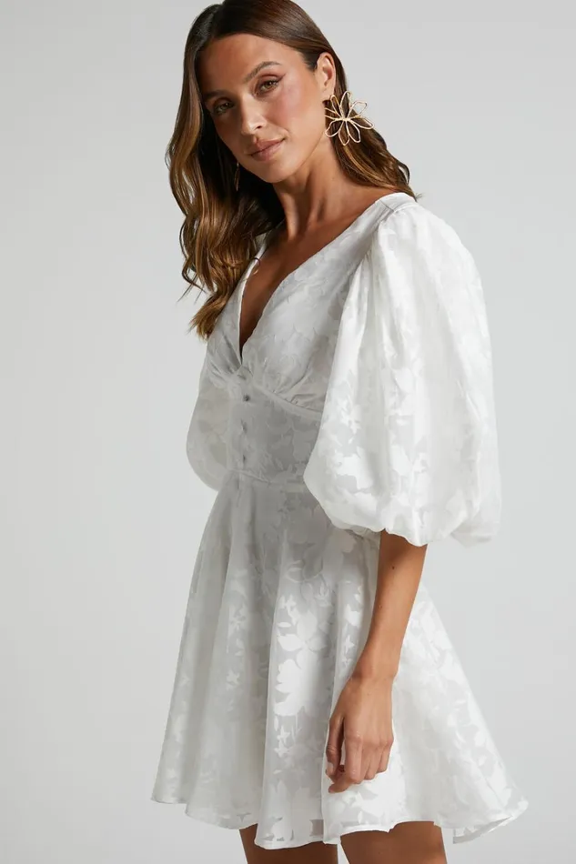 Jammae Mini Dress 8211 Puff Sleeve Dress In White Women Showpo Curve Clothes