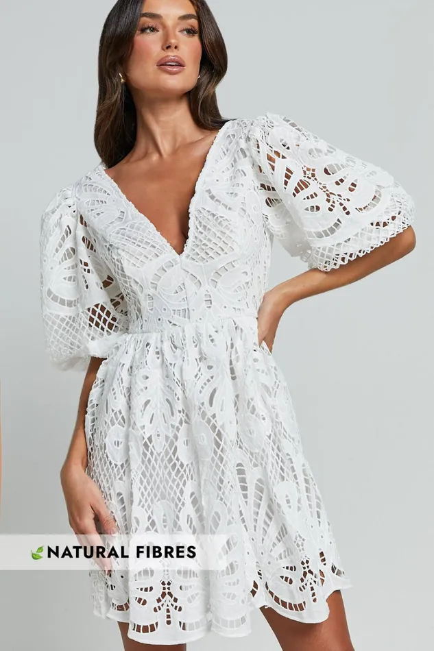 Janith Mini Dress 8211 Lace Plunge Short Puff Sleeve A Line Dress In White Lace Women Showpo Dresses Janith Mini Dress 8211 Lace Plunge Short Puff Sleeve A Line Dress In White Lace Women Showpo Dresses