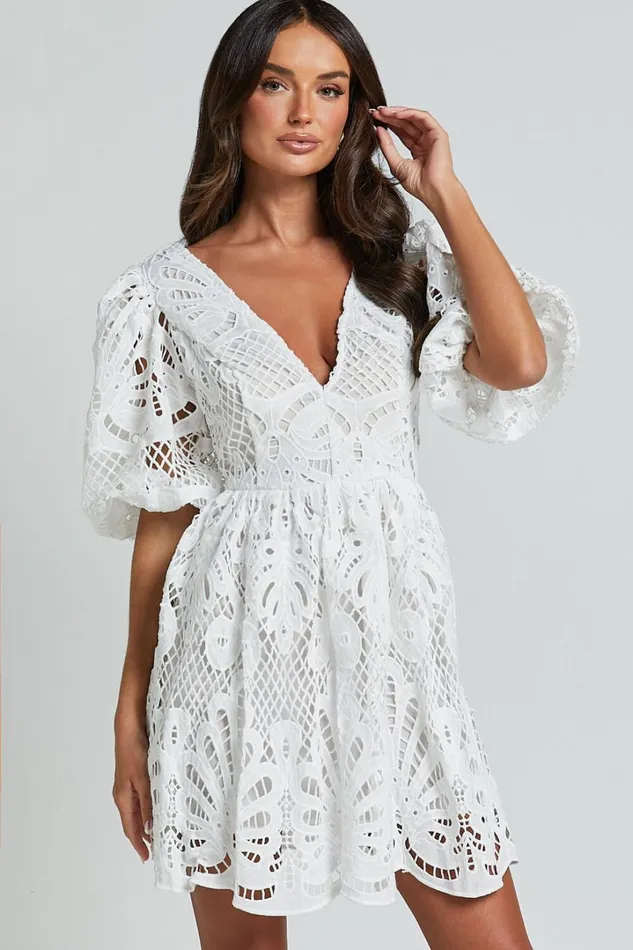 Janith Mini Dress 8211 Lace Plunge Short Puff Sleeve A Line Dress In White Lace Women Showpo Dresses