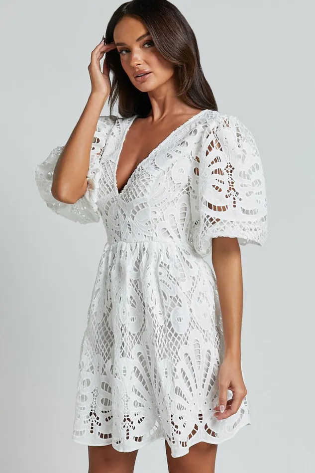 Janith Mini Dress 8211 Lace Plunge Short Puff Sleeve A Line Dress In White Lace Women Showpo Dresses