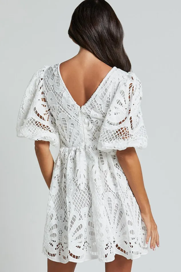 Janith Mini Dress 8211 Lace Plunge Short Puff Sleeve A Line Dress In White Lace Women Showpo Dresses