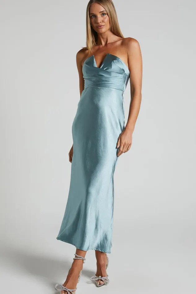 Jaslynn Midi Dress 8211 Strapless V Neck Satin Dress In Ice Blue Women Showpo Dresses