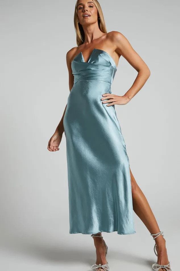 Jaslynn Midi Dress 8211 Strapless V Neck Satin Dress In Ice Blue Women Showpo Dresses