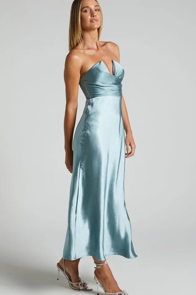 Jaslynn Midi Dress 8211 Strapless V Neck Satin Dress In Ice Blue Women Showpo Dresses