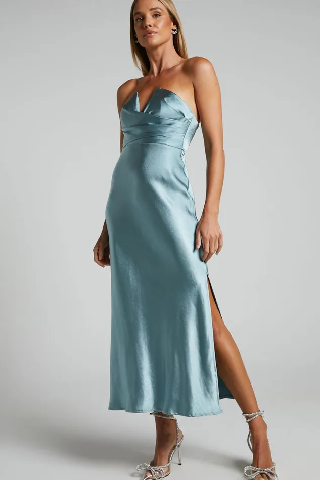 Jaslynn Midi Dress 8211 Strapless V Neck Satin Dress In Ice Blue Women Showpo Dresses