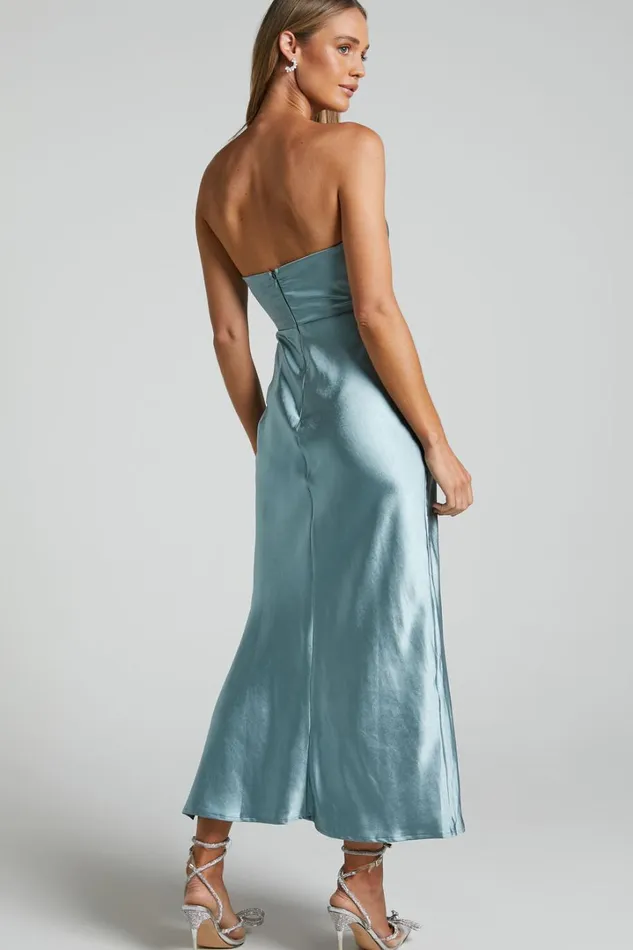 Jaslynn Midi Dress 8211 Strapless V Neck Satin Dress In Ice Blue Women Showpo Dresses