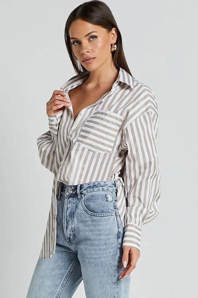 Jaycey Shirt 8211 Long Sleeve Pocket Detail Shirt In Beige Stripe Women Showpo Curve Clothes Jaycey Shirt 8211 Long Sleeve Pocket Detail Shirt In Beige Stripe Women Showpo Curve Clothes