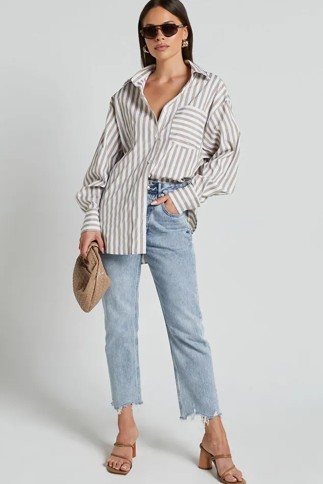 Jaycey Shirt 8211 Long Sleeve Pocket Detail Shirt In Beige Stripe Women Showpo Curve Clothes