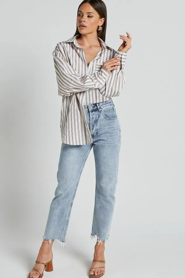 Jaycey Shirt 8211 Long Sleeve Pocket Detail Shirt In Beige Stripe Women Showpo Curve Clothes