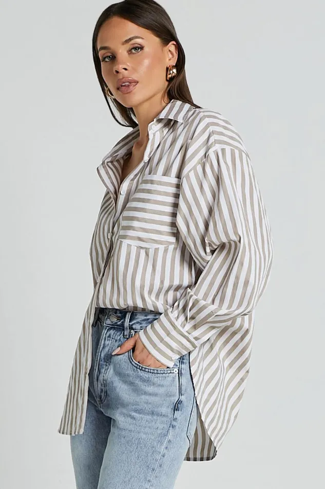 Jaycey Shirt 8211 Long Sleeve Pocket Detail Shirt In Beige Stripe Women Showpo Curve Clothes