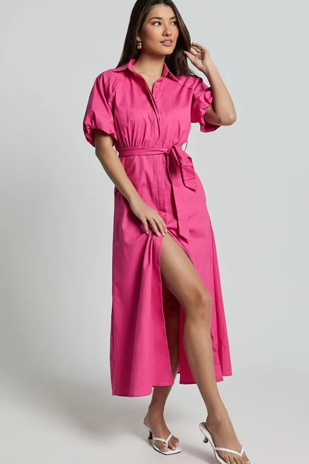 Jesse Midi Dress 8211 Puff Sleeve Collared Shirt Dress In Hot Pink Women Showpo Dresses Jesse Midi Dress 8211 Puff Sleeve Collared Shirt Dress In Hot Pink Women Showpo Dresses