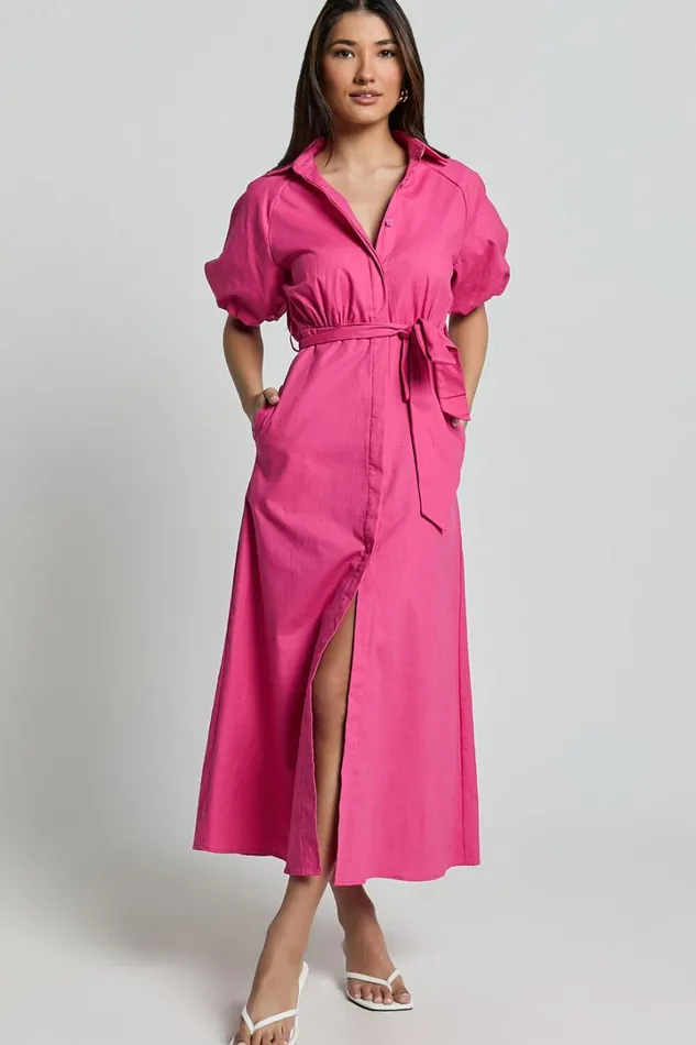 Jesse Midi Dress 8211 Puff Sleeve Collared Shirt Dress In Hot Pink Women Showpo Dresses