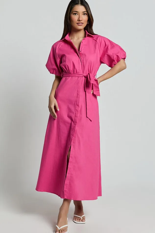 Jesse Midi Dress 8211 Puff Sleeve Collared Shirt Dress In Hot Pink Women Showpo Dresses
