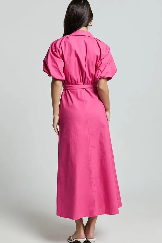 Jesse Midi Dress 8211 Puff Sleeve Collared Shirt Dress In Hot Pink Women Showpo Dresses