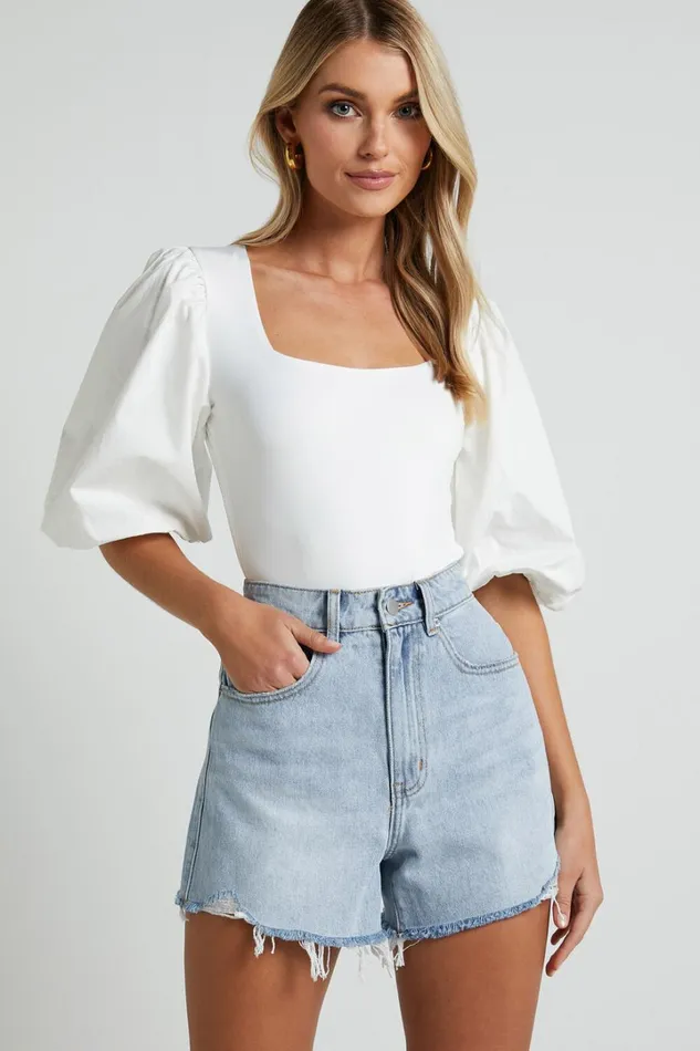 Jessica Bodysuit 8211 Square Neck Short Bubble Sleeve Bodysuit In White Women Showpo Tops Jessica Bodysuit 8211 Square Neck Short Bubble Sleeve Bodysuit In White Women Showpo Tops