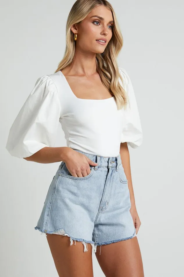 Jessica Bodysuit 8211 Square Neck Short Bubble Sleeve Bodysuit In White Women Showpo Tops