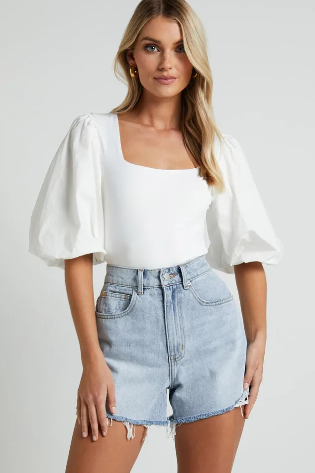 Jessica Bodysuit 8211 Square Neck Short Bubble Sleeve Bodysuit In White Women Showpo Tops