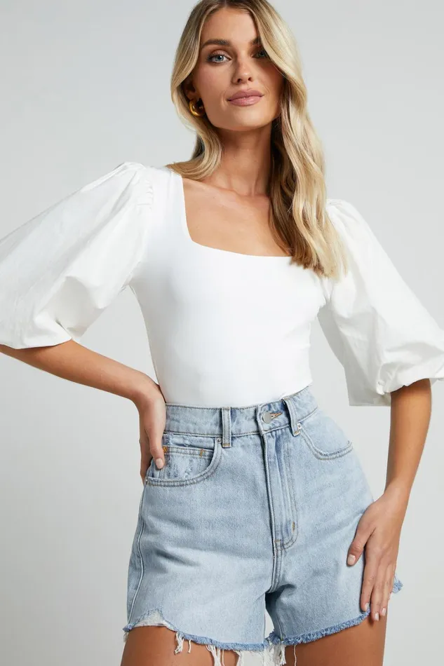 Jessica Bodysuit 8211 Square Neck Short Bubble Sleeve Bodysuit In White Women Showpo Tops