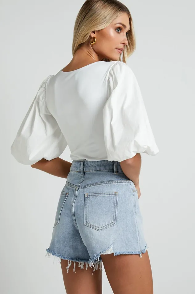 Jessica Bodysuit 8211 Square Neck Short Bubble Sleeve Bodysuit In White Women Showpo Tops