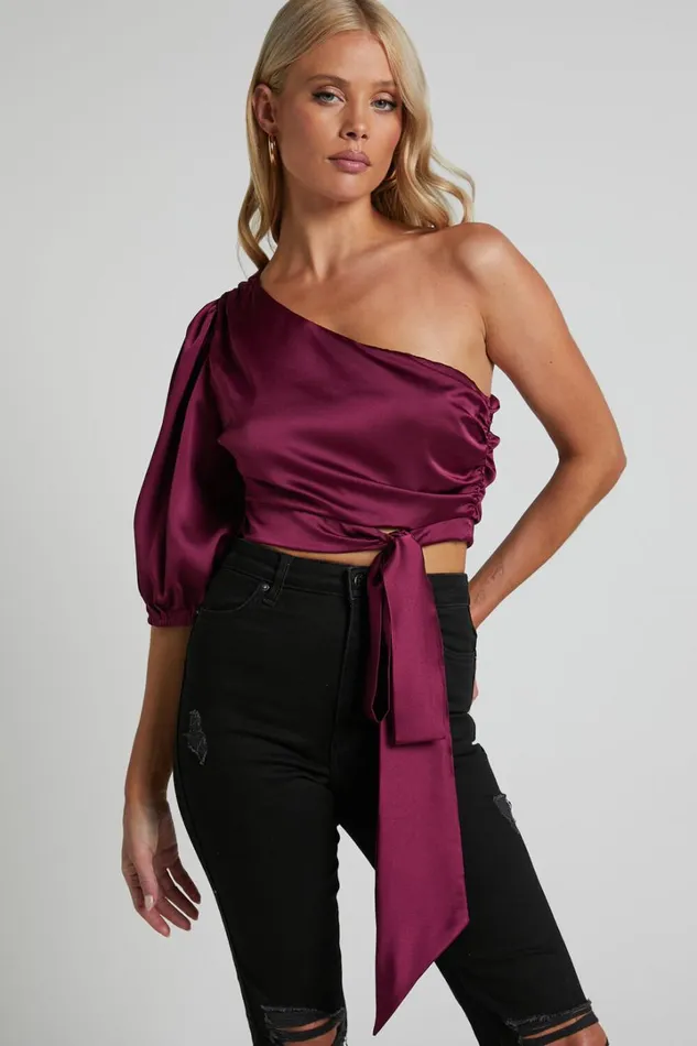 Jihyo Top 8211 Tie Waist One Shoulder Puff Sleeve Top In Burgundy Women Showpo Tops