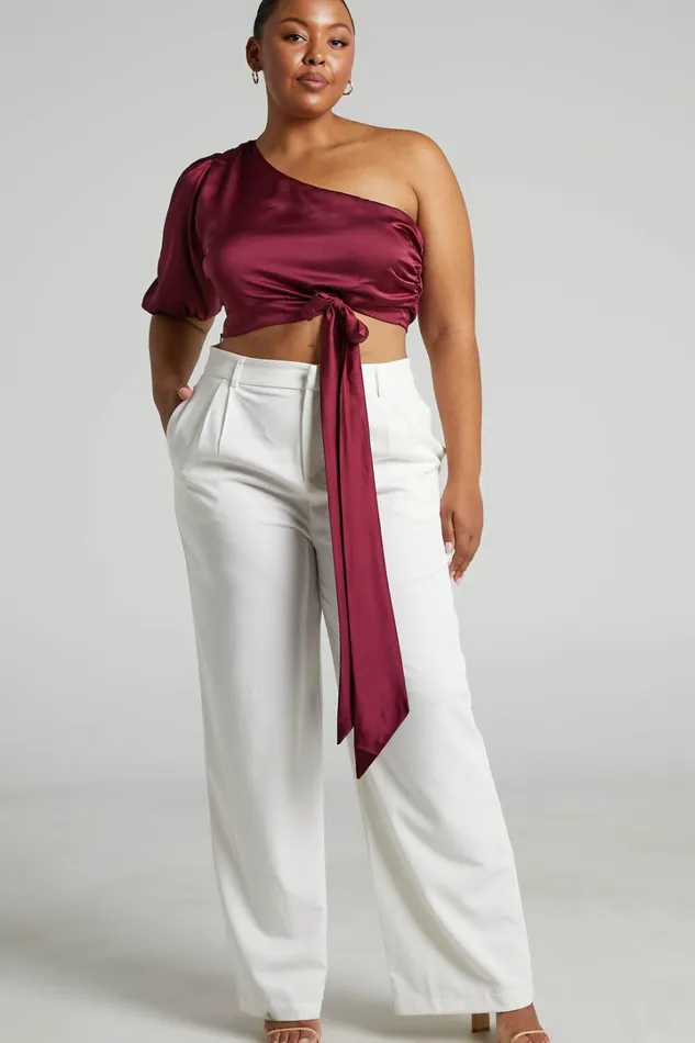 Jihyo Top 8211 Tie Waist One Shoulder Puff Sleeve Top In Burgundy Women Showpo Tops