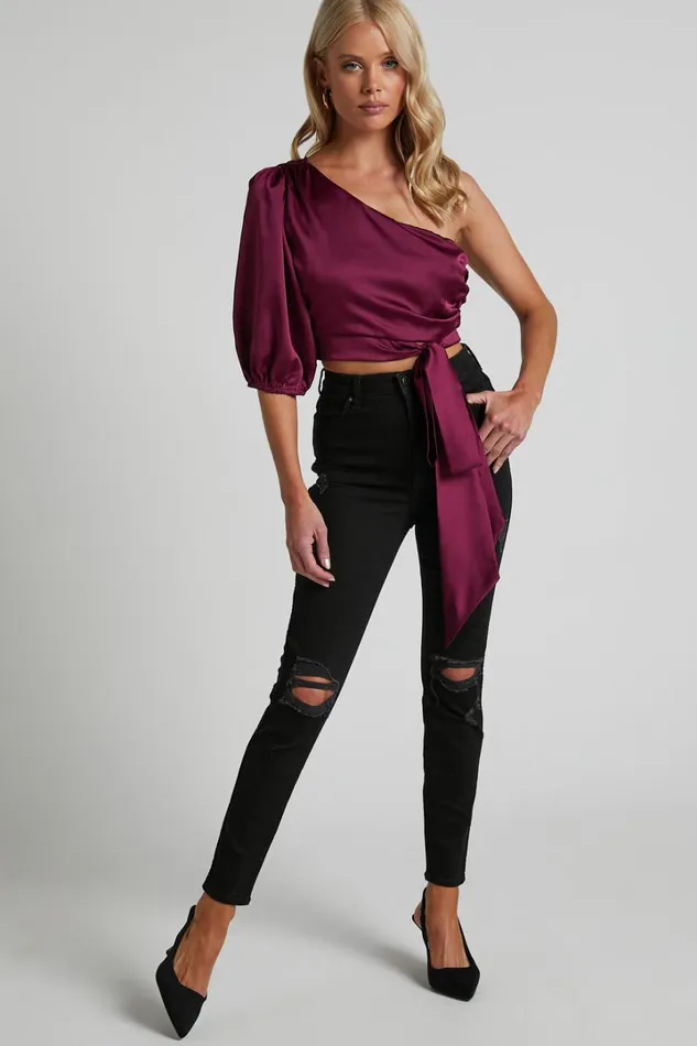 Jihyo Top 8211 Tie Waist One Shoulder Puff Sleeve Top In Burgundy Women Showpo Tops