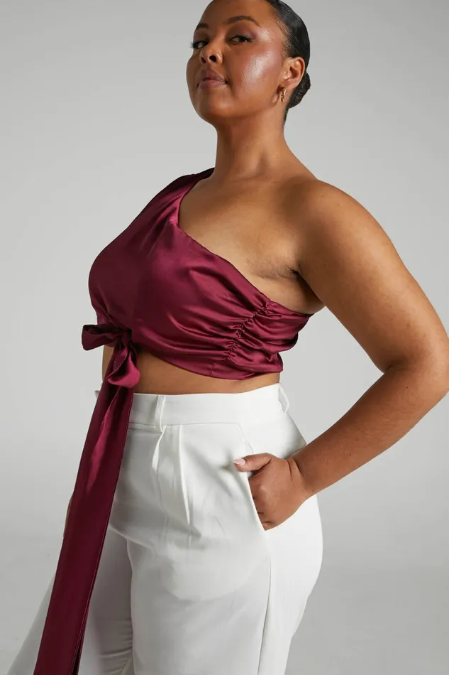 Jihyo Top 8211 Tie Waist One Shoulder Puff Sleeve Top In Burgundy Women Showpo Tops