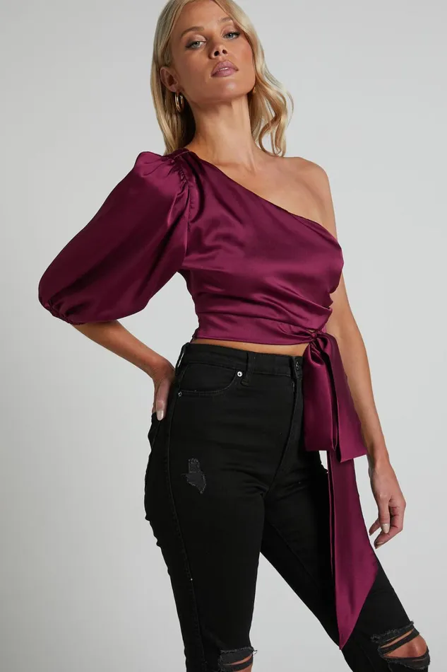 Jihyo Top 8211 Tie Waist One Shoulder Puff Sleeve Top In Burgundy Women Showpo Tops