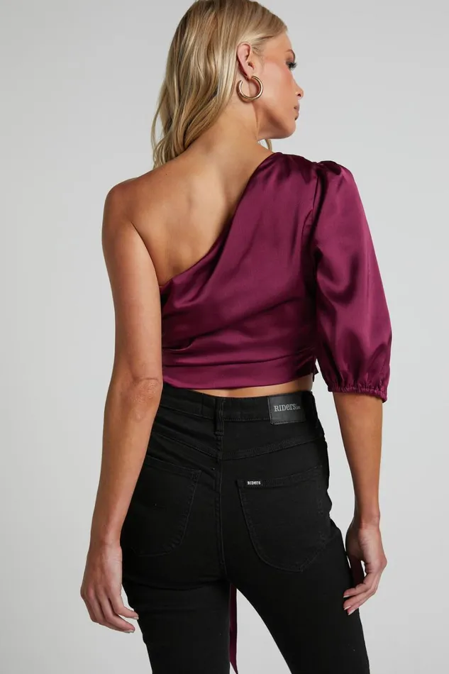 Jihyo Top 8211 Tie Waist One Shoulder Puff Sleeve Top In Burgundy Women Showpo Tops