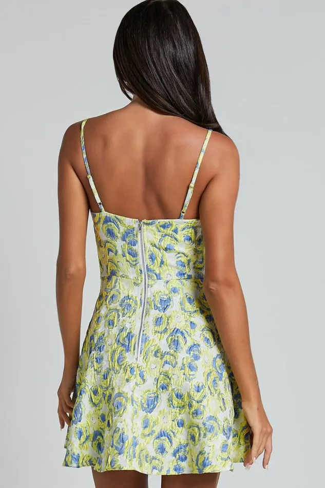 Jody Mini Dress 8211 Jacquard Skater Dress In Blue And White Floral Women Showpo Dresses