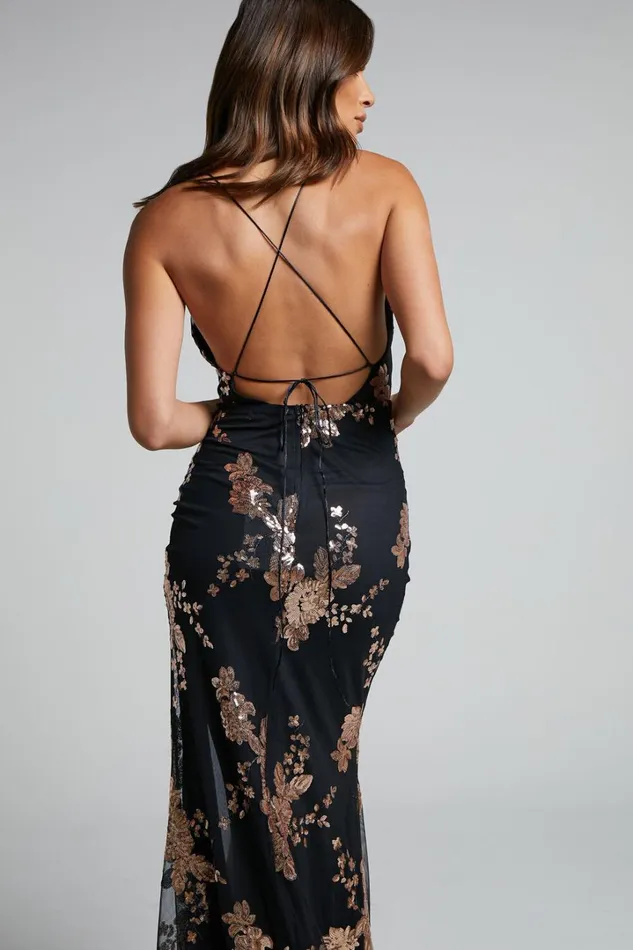 Joemelyn Maxi Dress 8211 Floral Embellished Sequin Halter Cross Back Dress In Black Gold Women Showpo Dresses