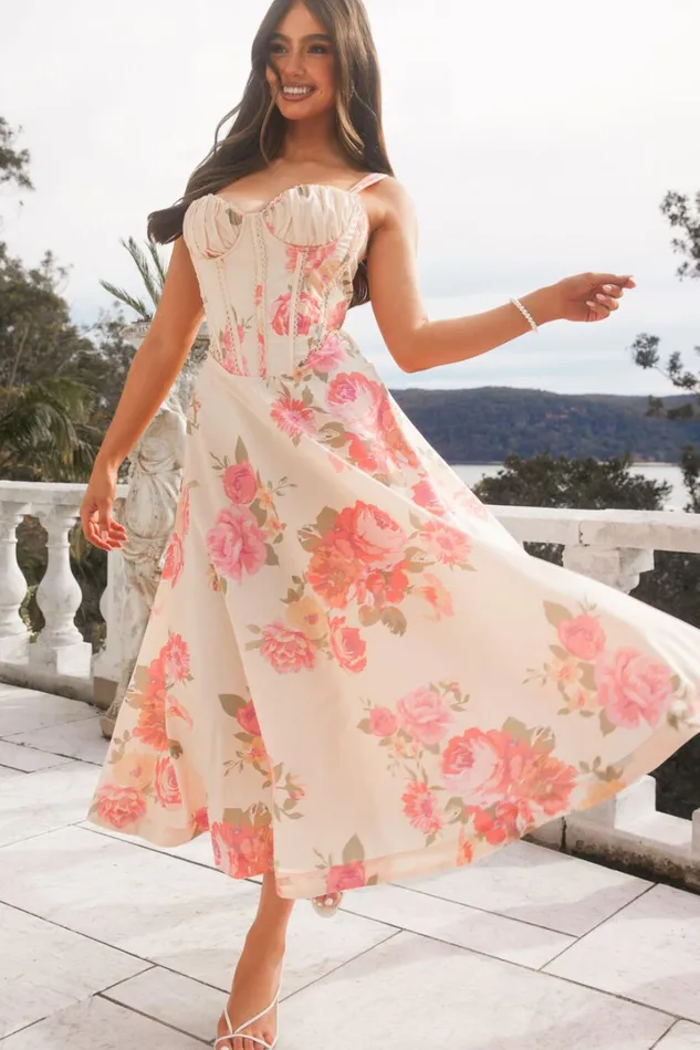Jonas Midi Dress 8211 Ruched Corset Lace Trim Dress In Vintage Spring Floral Women Showpo Dresses Jonas Midi Dress 8211 Ruched Corset Lace Trim Dress In Vintage Spring Floral Women Showpo Dresses