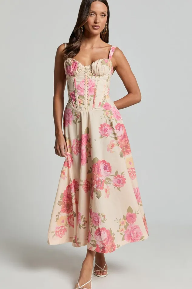 Jonas Midi Dress 8211 Ruched Corset Lace Trim Dress In Vintage Spring Floral Women Showpo Dresses