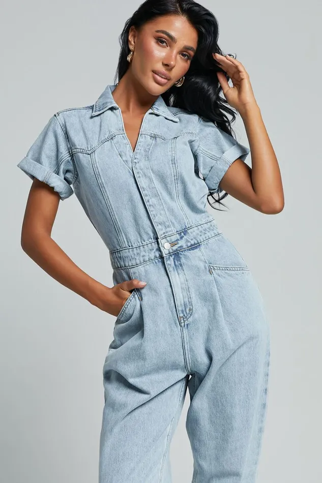 Jordyn Jumpsuit 8211 Short Sleeve Collared Button Through Denim Jumpsuit In Light Blue Women Showpo Jumpsuits