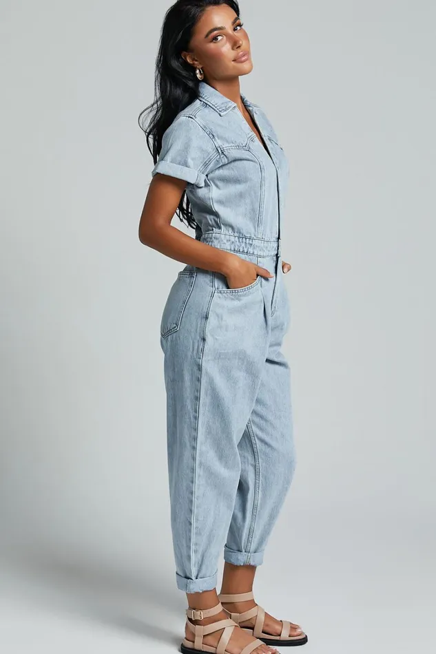 Jordyn Jumpsuit 8211 Short Sleeve Collared Button Through Denim Jumpsuit In Light Blue Women Showpo Jumpsuits