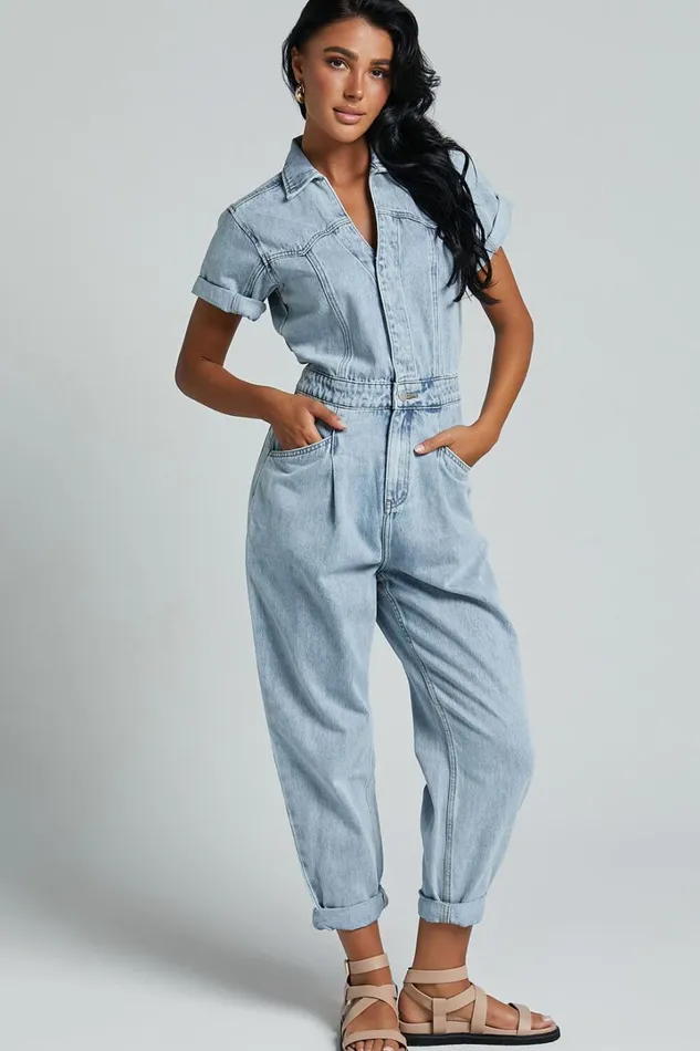 Jordyn Jumpsuit 8211 Short Sleeve Collared Button Through Denim Jumpsuit In Light Blue Women Showpo Jumpsuits