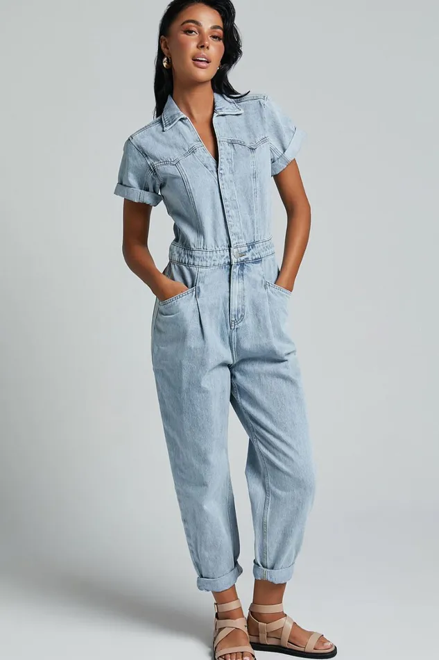 Jordyn Jumpsuit 8211 Short Sleeve Collared Button Through Denim Jumpsuit In Light Blue Women Showpo Jumpsuits