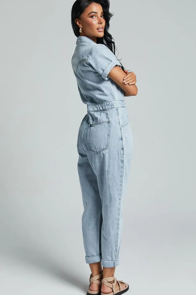 Jordyn Jumpsuit 8211 Short Sleeve Collared Button Through Denim Jumpsuit In Light Blue Women Showpo Jumpsuits
