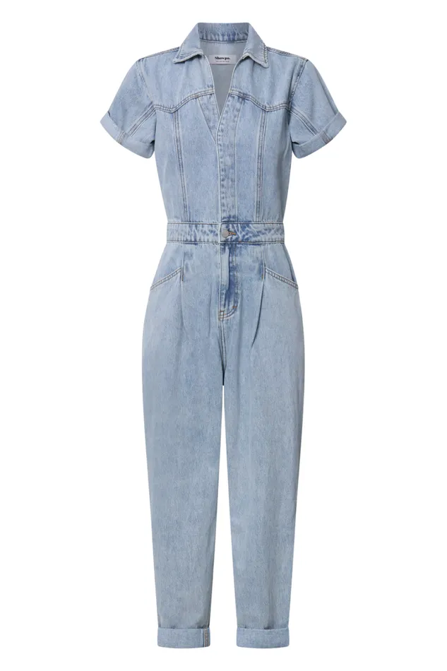 Jordyn Jumpsuit 8211 Short Sleeve Collared Button Through Denim Jumpsuit In Light Blue Women Showpo Jumpsuits