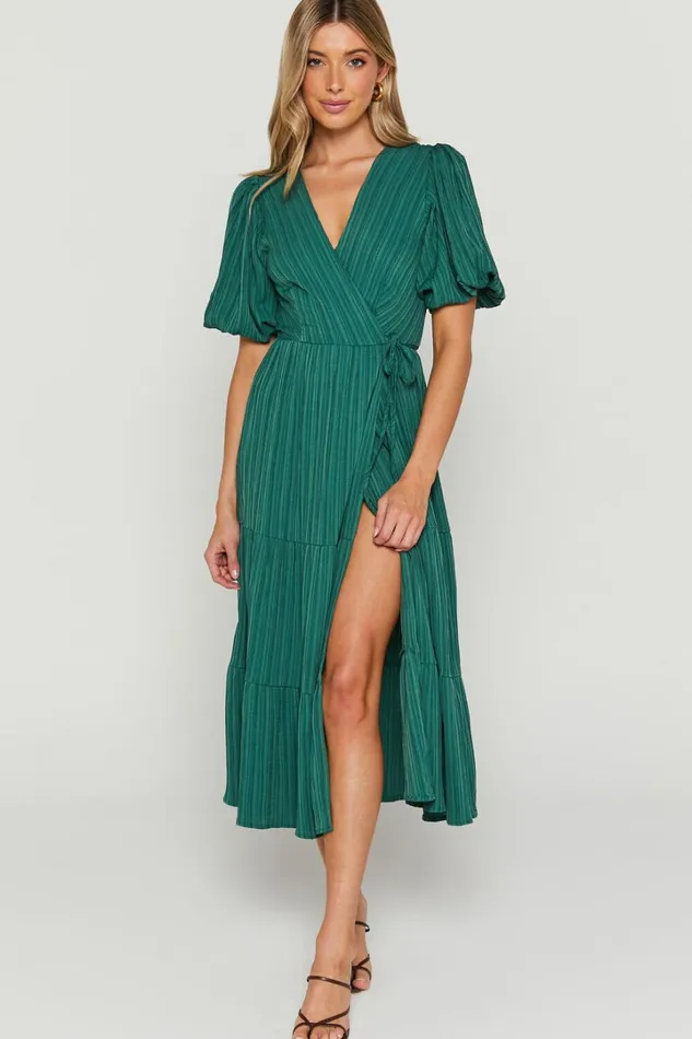 Junmae Midi Dress 8211 Tiered Waffle Wrap Dress In Forest Green Women Showpo Dresses