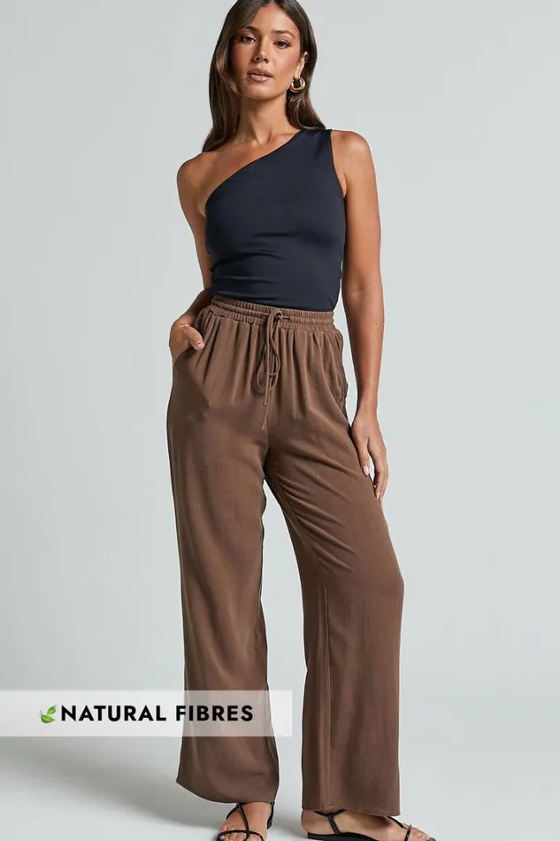 Kala Pants 8211 Mid Waisted Relaxed Elastic Waist Pants In Chocolate Women Showpo Pants
