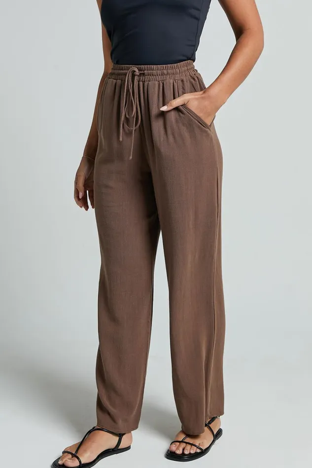 Kala Pants 8211 Mid Waisted Relaxed Elastic Waist Pants In Chocolate Women Showpo Pants
